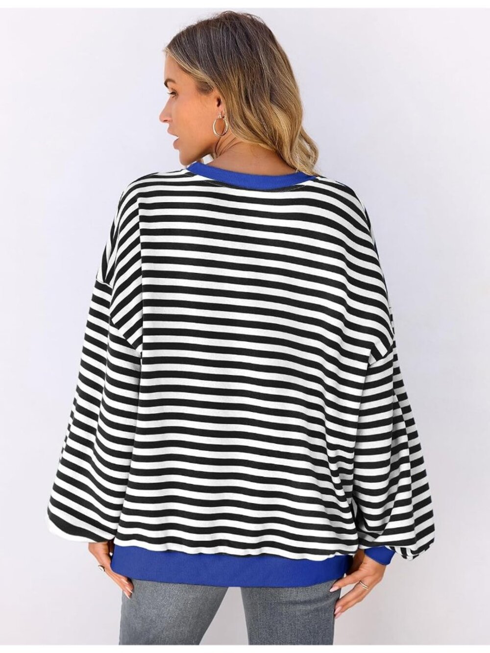 Women's Black Stripe Long Sleeve Pullover Oversized Crewneck Casual Sweaters - Picture 5 of 5
